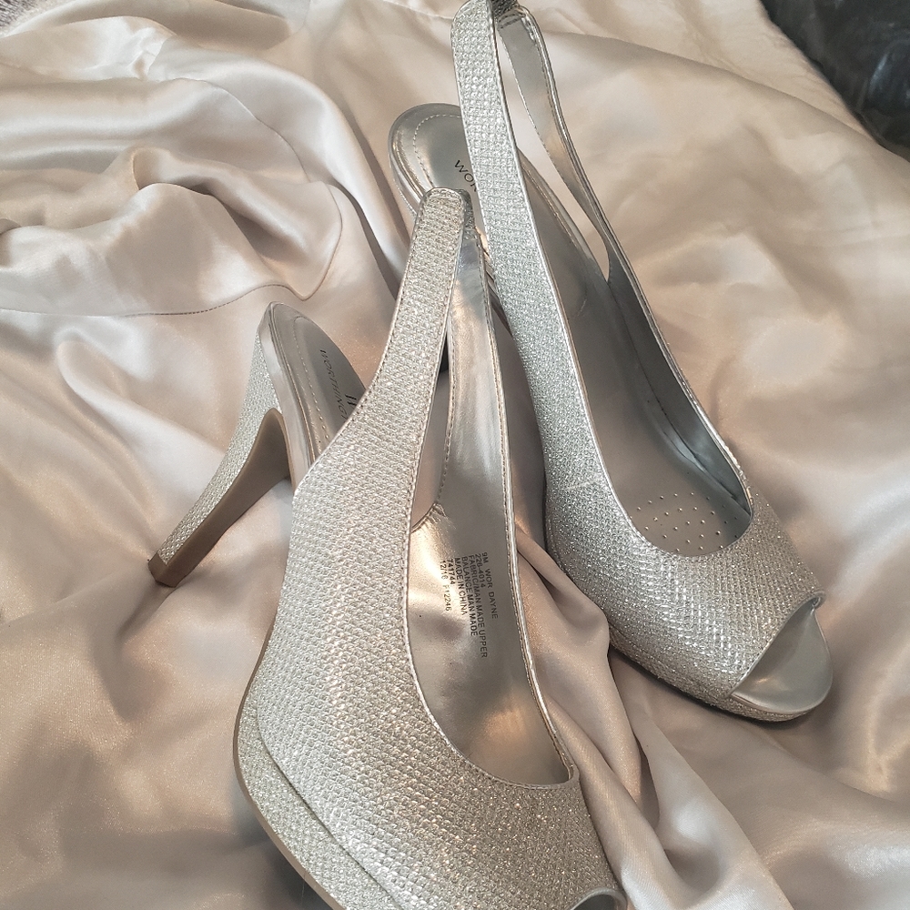 Worthington Sparkly Silver Peep Toe Heels